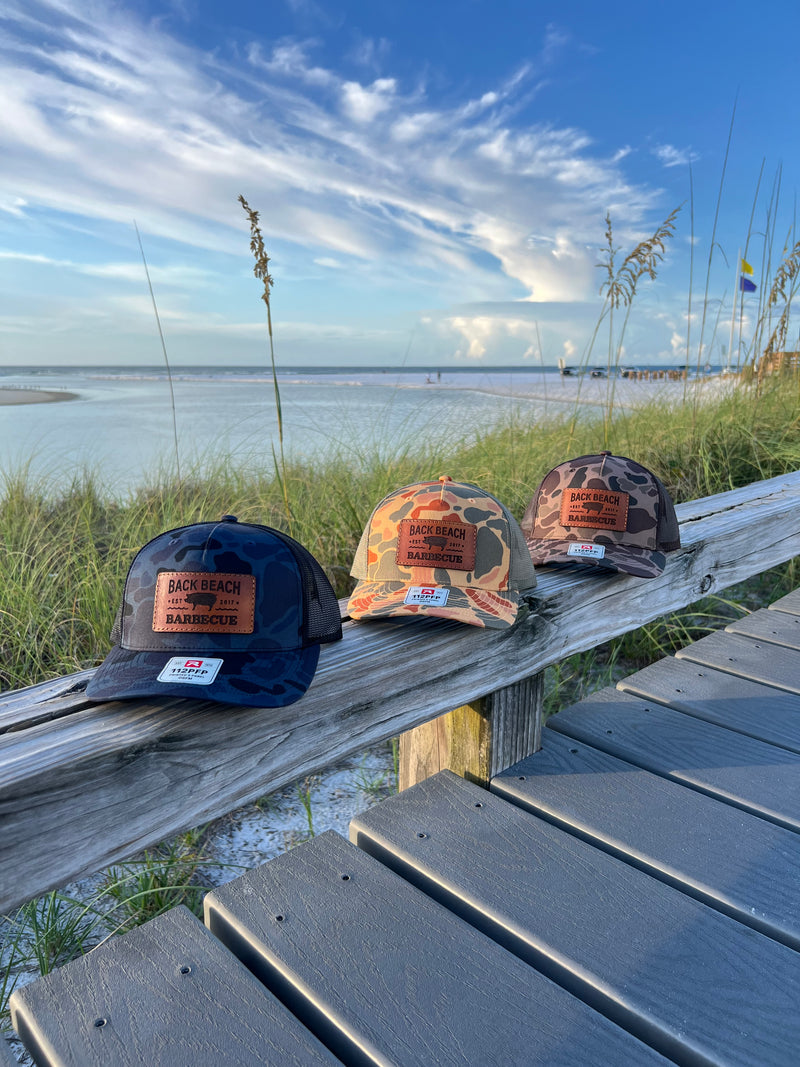 Back Beach Barbecue leather patch on a Richardson 112PFP