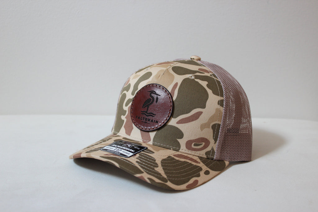 Full-grain leather patch dyed dark brown, sewn with brown nylon thread on a Richardson 112PFP
