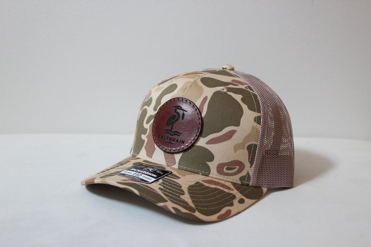 Full-grain leather patch dyed dark brown, sewn with brown nylon thread on a Richardson 112PFP
