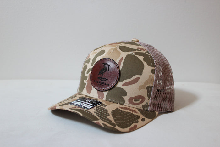 Full-grain leather patch dyed dark brown, sewn with brown nylon thread on a Richardson 112PFP