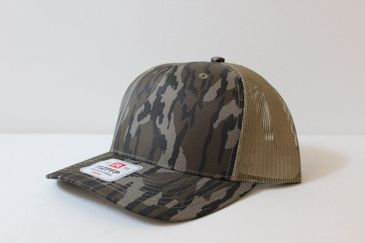 Richardson 112PFP trucker hat in Mossy Oak Bottomland camo