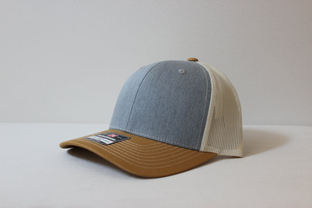 Richardson 112 trucker hat in Heather Grey, Birch and Amber Gold