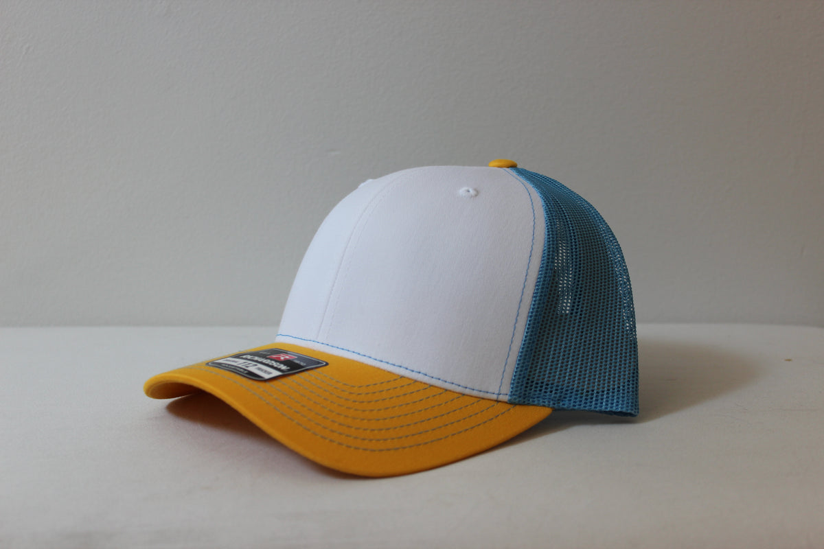 Richardson 112 trucker hat in White, Columbia Blue and Yellow